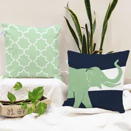 STITCHNEST Green & Navy Blue Set of 2 Geometric Square Cushion Covers-2