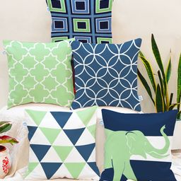STITCHNEST Green & Navy Blue Set of 5 Geometric Square Cushion Covers-image-22