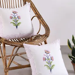 HANDICRAFT PALACE White & Purple 2 Pieces Floral Square Cushion Covers-58