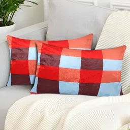 Tesmare Blue & Red 2 Pieces Checked Velvet Rectangle Cushion Covers-image-34