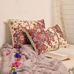 Needles Play Cream & Maroon 2 Pieces Ethnic Motifs Cotton Rectangle Cushion Covers-4