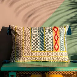 ABSTRACT INDIA Lumbar Yellow Block Printed Cotton Rectangle Cushion Covers With Embroidery-image-99