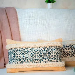 ABSTRACT INDIA Lumbar Yellow 2 Pieces Block Printed Cotton Rectangle Cushion Covers-image-6