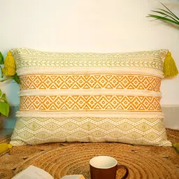 ABSTRACT INDIA Lumbar Yellow Block Printed Cotton Rectangle Cushion Covers With Tufted-image-96