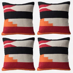 Decazone White & Orange 4 Pieces Geometric Cotton Square Cushion Covers-36
