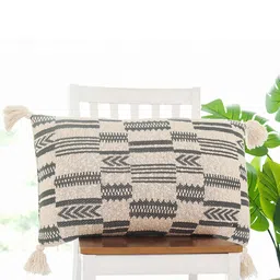 Pluchi Grey & Cream-Coloured Geometric Cotton Rectangle Cushion Cover-32