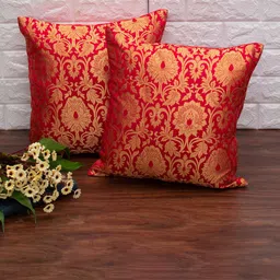 RoyalDeco 2 Pcs Red & Golden Ethnic Motifs Banarasi Brocade Silk Square Cushion Covers-2