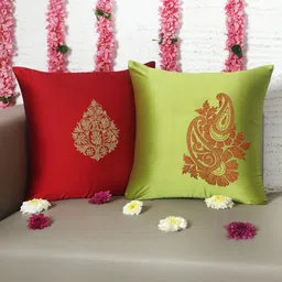 ZEBA Green & Red 2 Pieces Ethnic Motifs Embroidered Square Cushion Covers-image-74