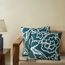 TARAN LIVING Teal Blue & White 2 Pieces Cotton Embroidered Square Cushion Covers-image-34