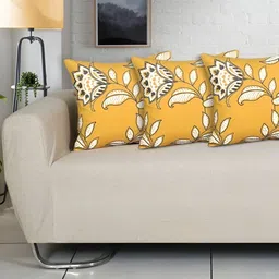 ODE & CLEO Yellow & White 3 Pieces Floral Cotton Square Cushion Covers-44