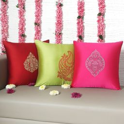 ZEBA 3 Pcs Green & Red Embroidered Square Cushion Covers-16