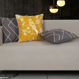 Ode & Cleo 3 Pieces Mustard & Grey Embroidered  Square Cushion Covers-image-79