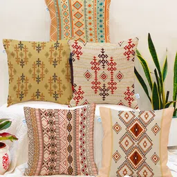 STITCHNEST Brown & Beige Set of 5 Aztec Printed Square Cushion Covers-33