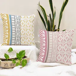 STITCHNEST Pack Of 2 Peach-Coloured Printed Square Cushion Covers-9