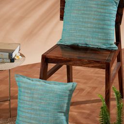Fabindia Teal & Gold-Toned Cotton Striped Square Cushion Cover-image-7