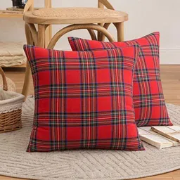 The Purple Tree Christmas Red & Blue 2 Pieces Checked Silk Cushion Covers-69