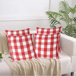 Lushomes Red & White 4 Pieces Checked Cotton Square Cushion Covers-15