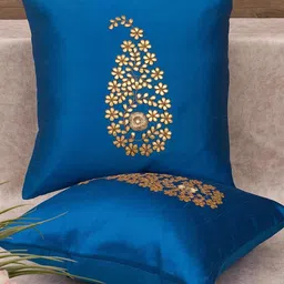 RoyalDeco Blue 2 Pieces Ethnic Motifs Silk Cushion Covers-image-11