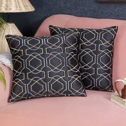 MFD HOME FURNISHING Black 2 Pieces Self Design Satin Square Cushion Covers-5