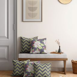 India Circus by Krsnaa Mehta Set of 5 Grey & Green Satin Cushion Covers-3