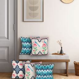 India Circus by Krsnaa Mehta White & Blue Set of 5 Floral Square Cushion Covers-53