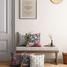 India Circus by Krsnaa Mehta Grey & Green Set of 5 Floral Satin Square Cushion Covers-5