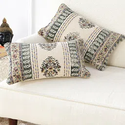 Art Avenue Off White & Green Ethnic Motifs Cotton Rectangle Cushion Cover-52