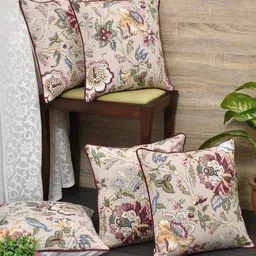 Clasiko Pink & Yellow Set of 5 Floral Cotton Square Cushion Covers-15