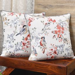 Clasiko White & Grey Set of 2 Floral Cotton Square Cushion Covers-17