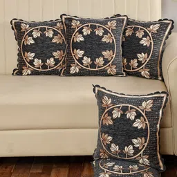 MULTITEX Grey & Brown 5 Pieces Floral Cotton Square Cushion Covers-image-9