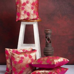 Alina decor Pink & Gold-Toned 5-Pieces Floral Brocade Square Cushion Covers-image-11