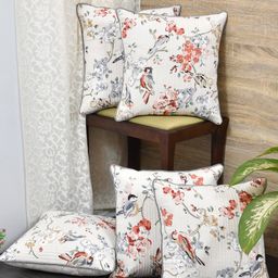 Clasiko White & Grey Set of 5 Floral Cotton Square Cushion Covers-39