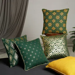 BLANC9 Green & Yellow 5 Pieces Floral Cotton Square Cushion Covers-22