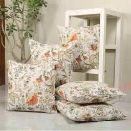 Clasiko White & Orange Set of 5 Floral Square Cushion Covers-15