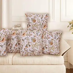 Texstylers Orange & White 5 Pieces Floral Cotton Square Cushion Covers-58
