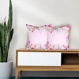 Tasseled Home Pink & Green 2 Pieces Floral Printed Velvet Square Cushion Covers-image-85