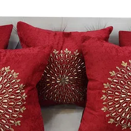 Good Vibes Gold-Toned & Red 5 Pieces Embellished Velvet Square Cushion Covers-image-62
