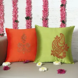 ZEBA Green & Orange 2 Pieces Ethnic Embroidered Square Cushion Covers-image-65