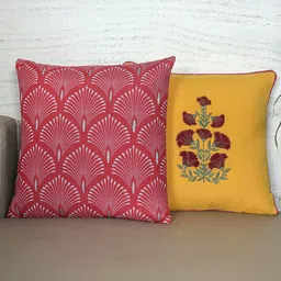 ZEBA Red & Yellow 2 Pieces Ethnic Embroidered Square Cushion Covers-36