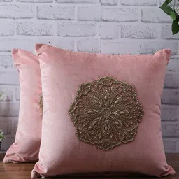 eyda Adults Peach-Coloured & Gold-Toned Set of 2 Embellished Velvet Square Cushion Covers-16