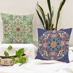 STITCHNEST Green & Blue Set of 2 Ethnic Motifs Square Cushion Covers-0