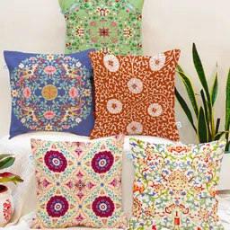 STITCHNEST Green & Blue Set of 5 Ethnic Motifs Square Cushion Covers-12