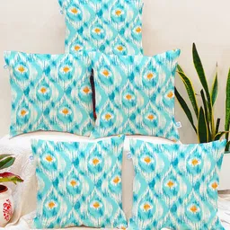 STITCHNEST Green & White Set of 5 Ethnic Motifs Square Cushion Covers-16