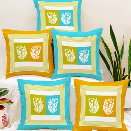 STITCHNEST Yellow & Blue Set of 5 Ethnic Motifs Square Cushion Covers-52