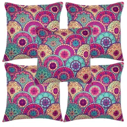 Alina decor Pink & Green 5 Pieces Ethnic Motifs Square Cushion Covers-image-86