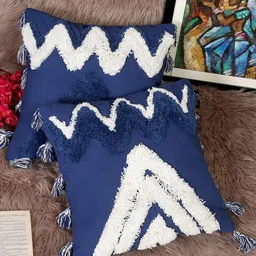 HOSTA HOMES Blue & White Set of 2 Hand-Tufted Square Cotton Cushion Covers-29