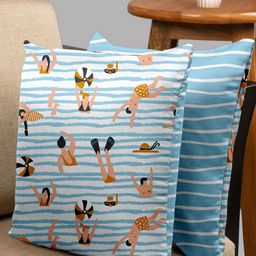 HOUZZCODE Blue & White Set of 2 Printed Square Cushion Covers-3
