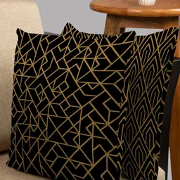 HOUZZCODE Gold-Toned & Black Set of 2 Geometric Square Cushion Covers-1