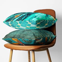 BIANCA Teal & Gold-Toned Set Of 2 Abstract Printed Square Cushion Covers image 1
