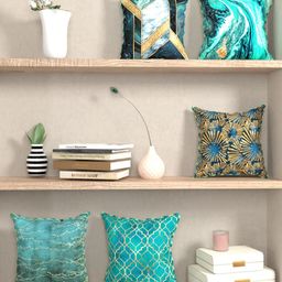 BIANCA Teal & Gold-Toned Set of 5 Suzane Abstract Square Cushion Covers image 1